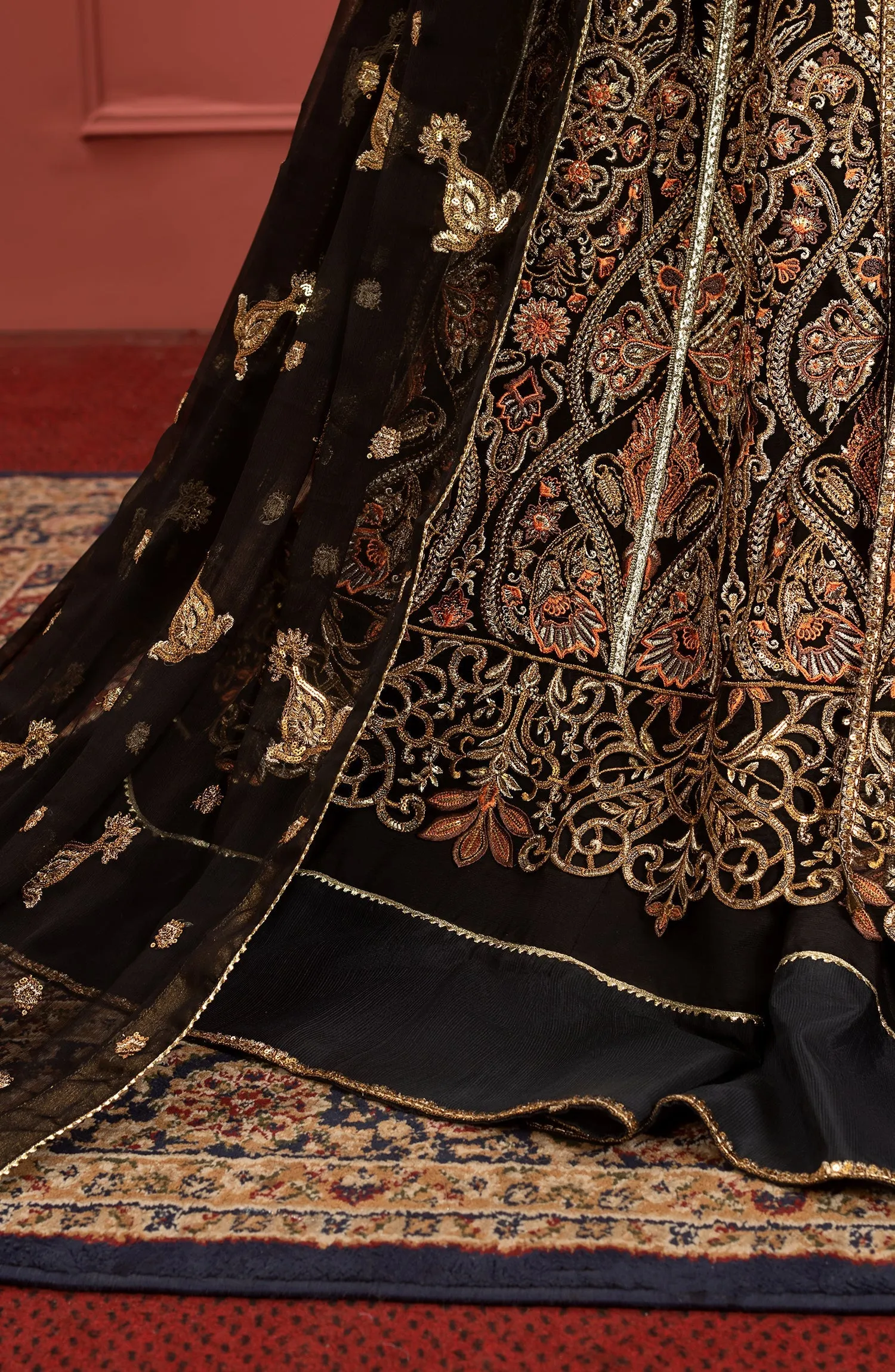 Elegant Embroidered Black Pakistani Pishwas Lehenga Wedding Dress