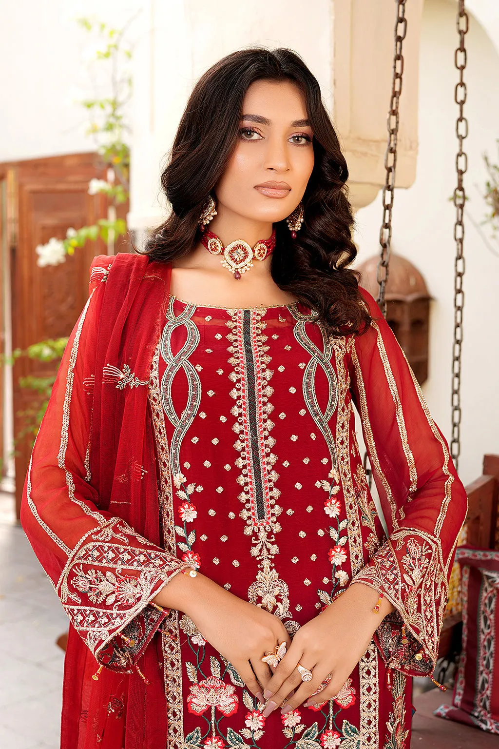 Elegant Embroidered Cherry Red Pakistani Salwar Kameez Dupatta Suit