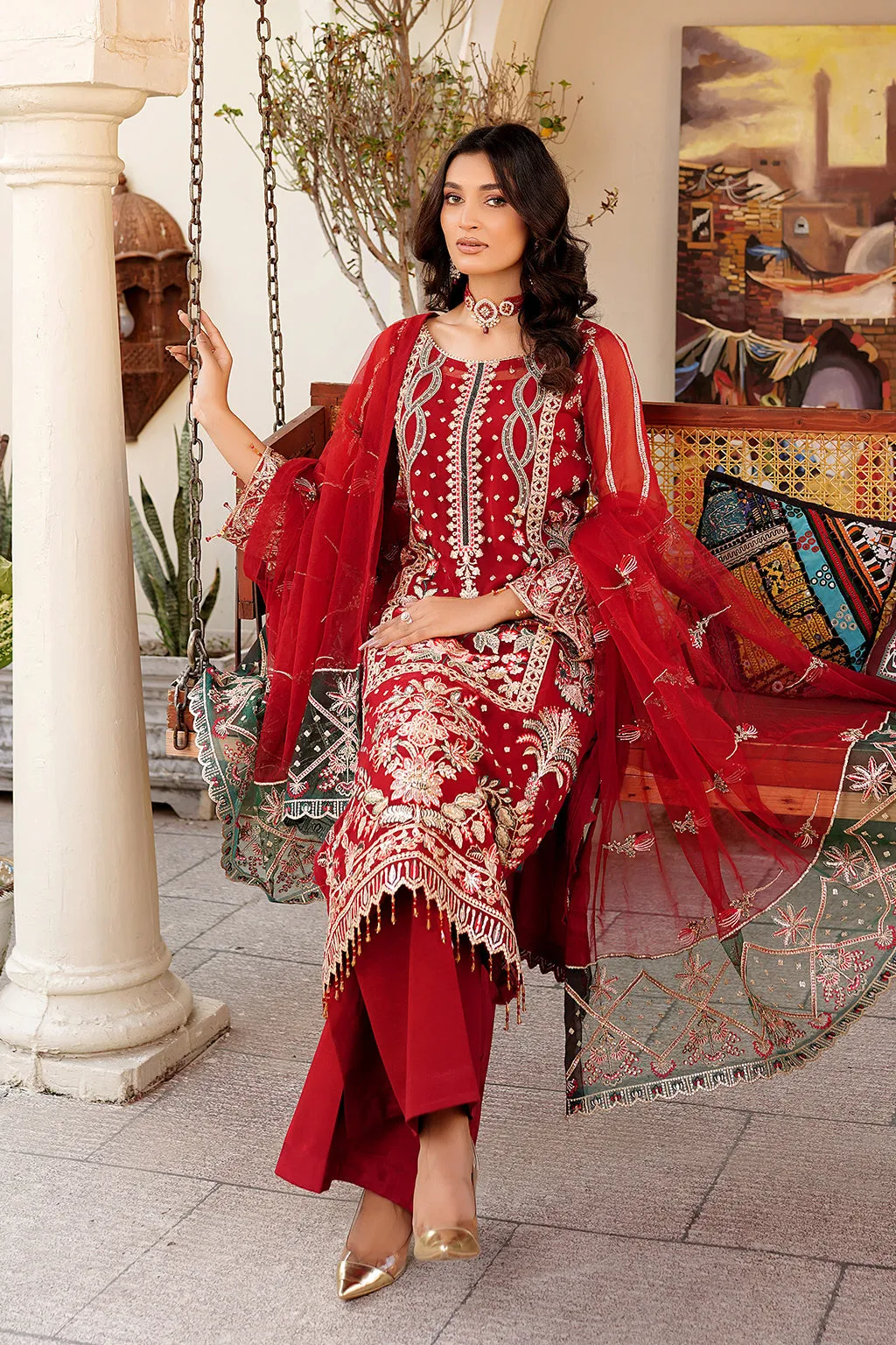 Elegant Embroidered Cherry Red Pakistani Salwar Kameez Dupatta Suit