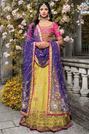 Elegant Indian mehndi dress in yellow and pink color # B3307