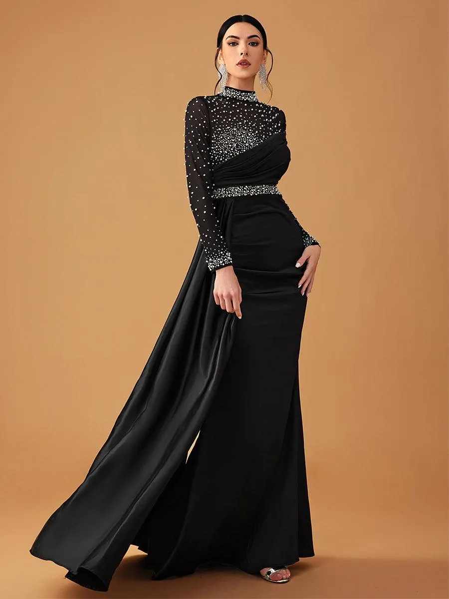 Elegant Mesh Beaded Satin Turtleneck Evening Dress MCW0924