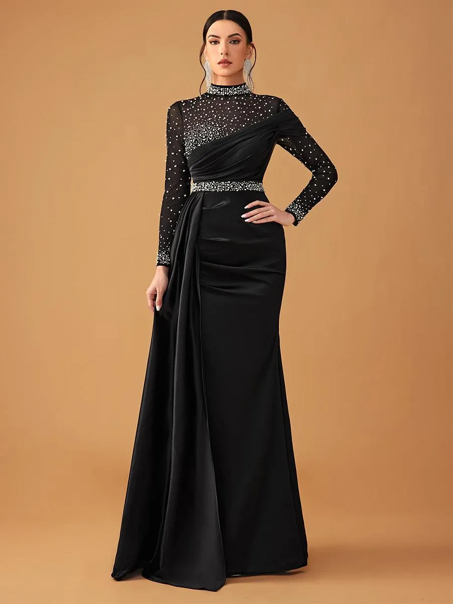 Elegant Mesh Beaded Satin Turtleneck Evening Dress MCW0924