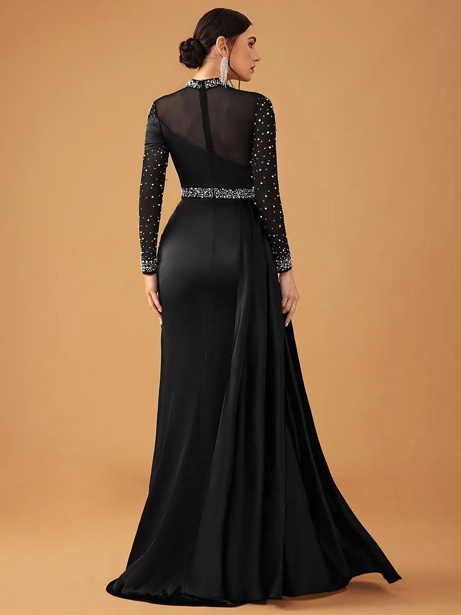 Elegant Mesh Beaded Satin Turtleneck Evening Dress MCW0924