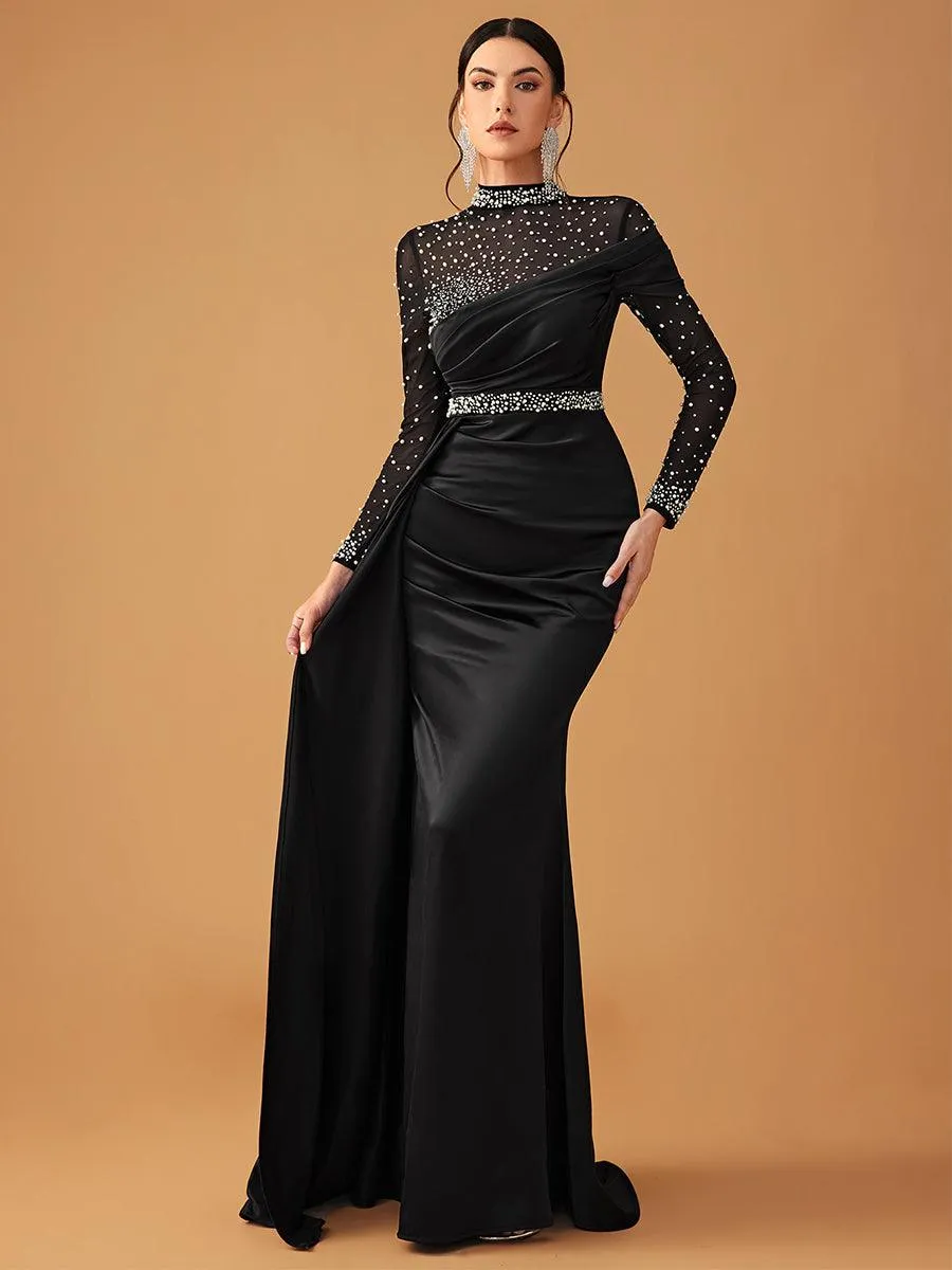 Elegant Mesh Beaded Satin Turtleneck Evening Dress MCW0924