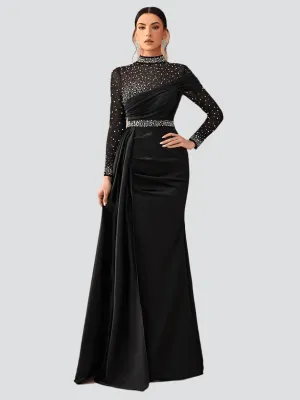 Elegant Mesh Beaded Satin Turtleneck Evening Dress MCW0924