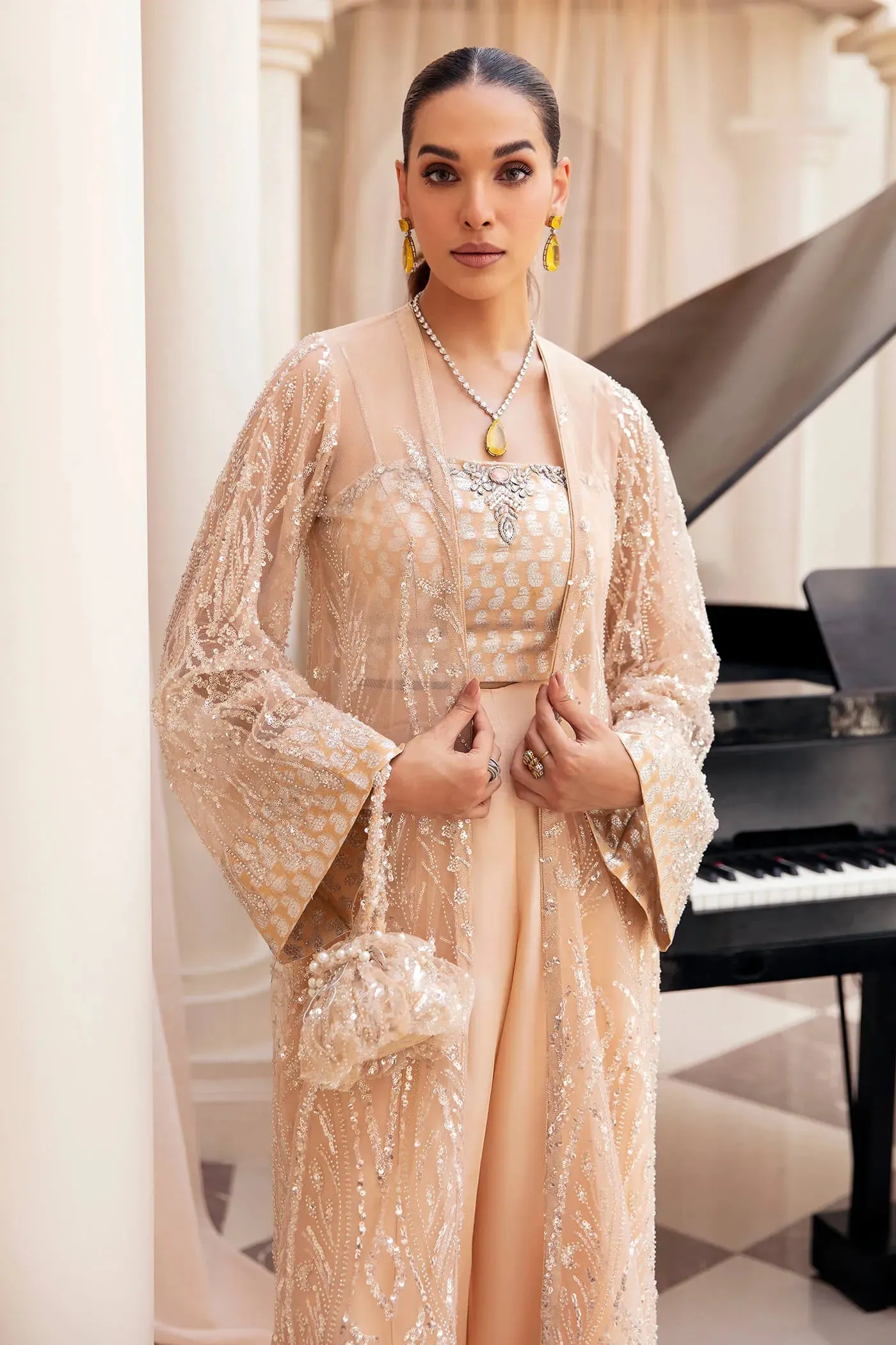 Elegant Skin Embroidered Pakistani Wedding Dress in Gown Trousers Style