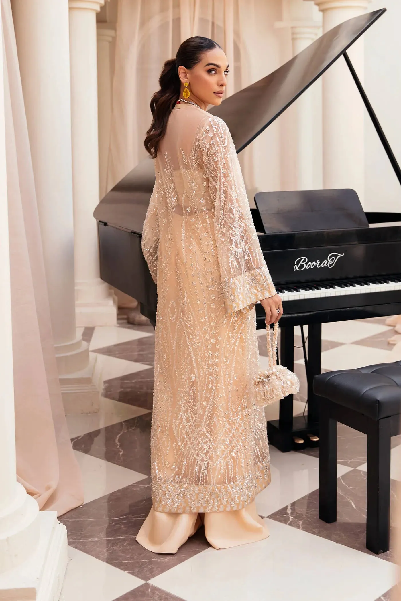 Elegant Skin Embroidered Pakistani Wedding Dress in Gown Trousers Style