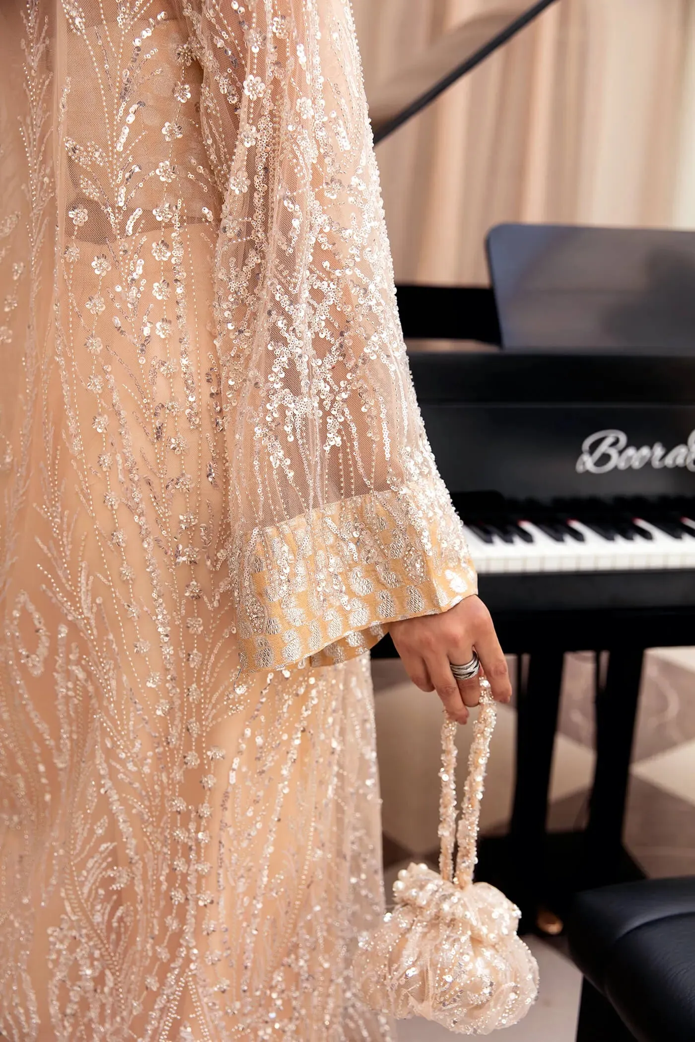 Elegant Skin Embroidered Pakistani Wedding Dress in Gown Trousers Style