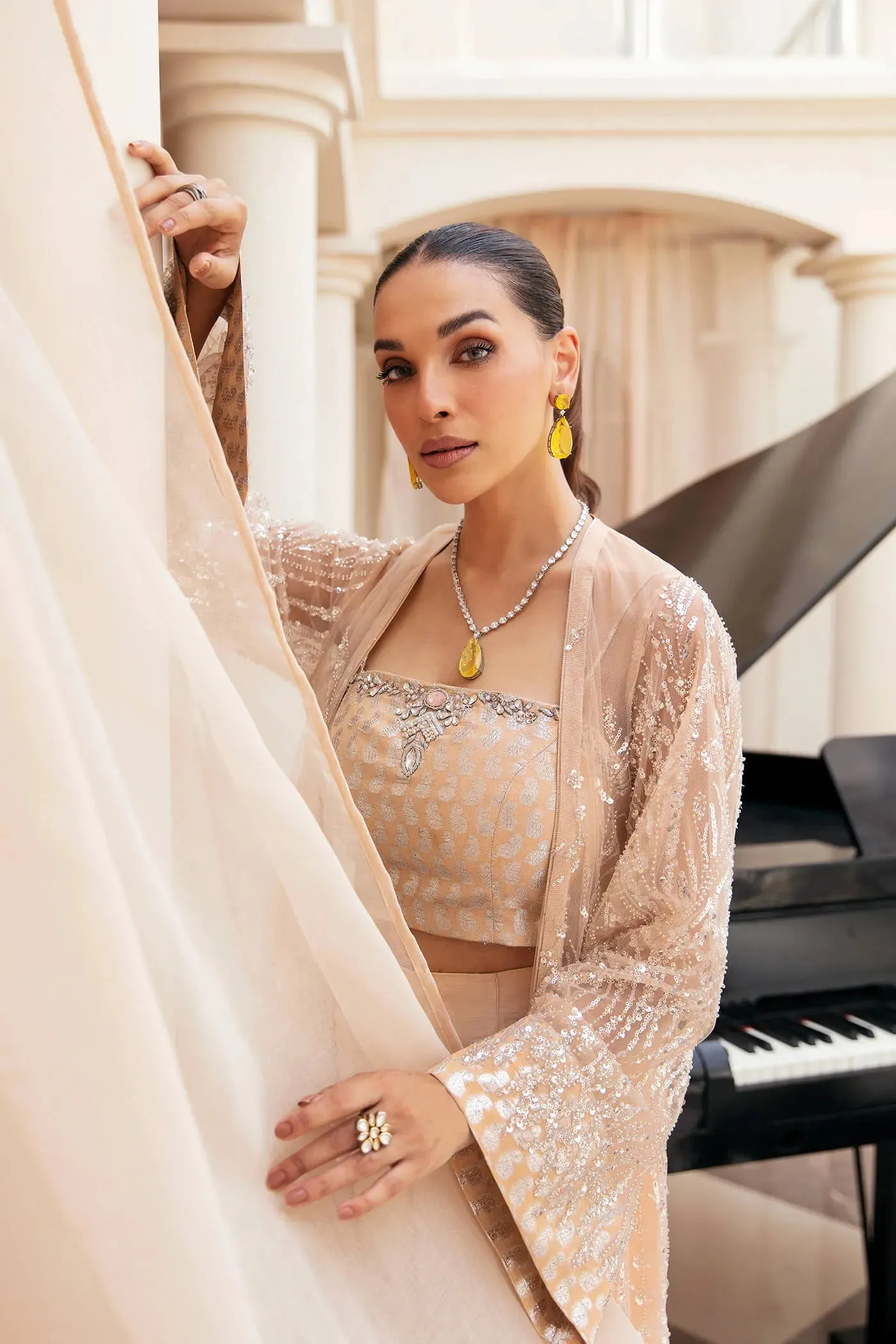 Elegant Skin Embroidered Pakistani Wedding Dress in Gown Trousers Style