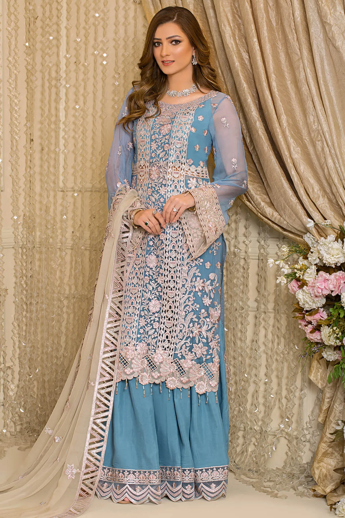 Elegant Sky Blue Heavily Embellished Pakistani Salwar Kameez Dupatta