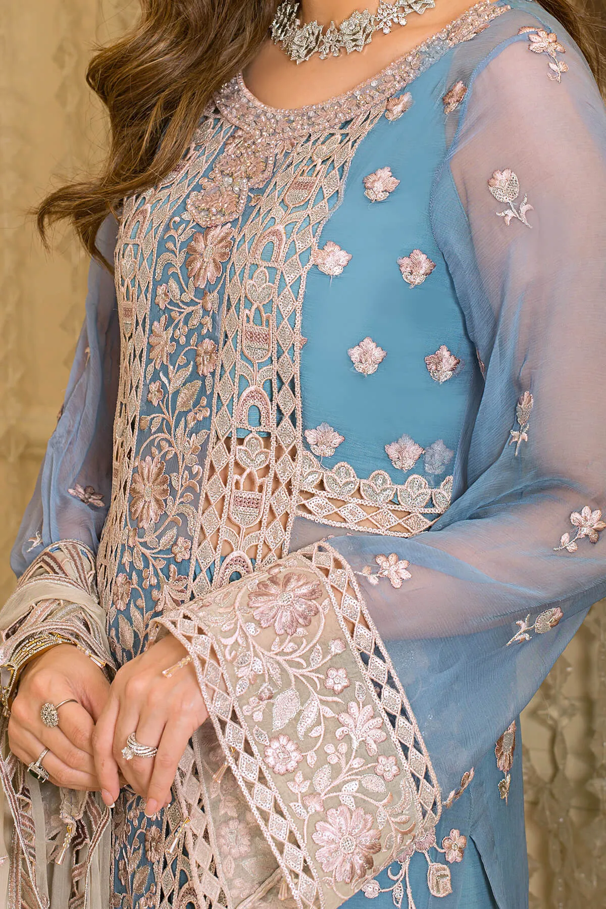 Elegant Sky Blue Heavily Embellished Pakistani Salwar Kameez Dupatta