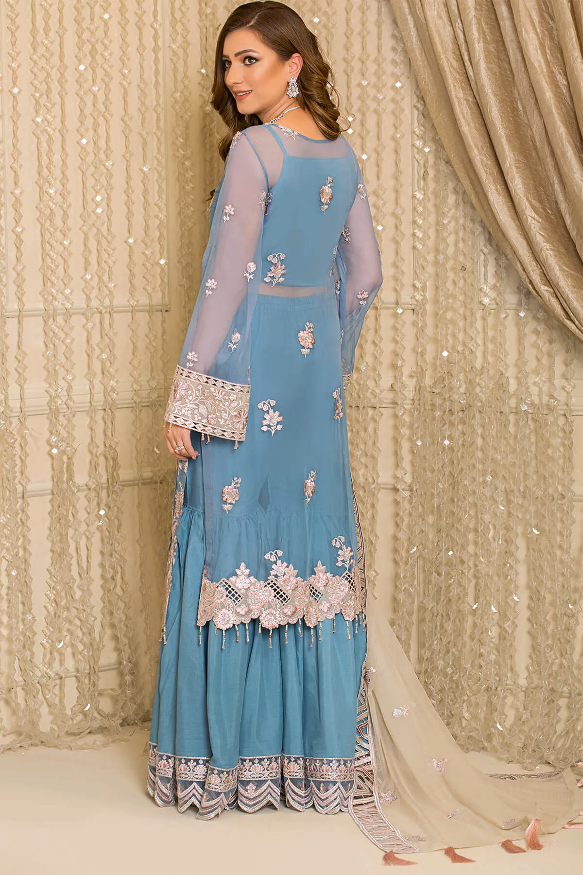 Elegant Sky Blue Heavily Embellished Pakistani Salwar Kameez Dupatta
