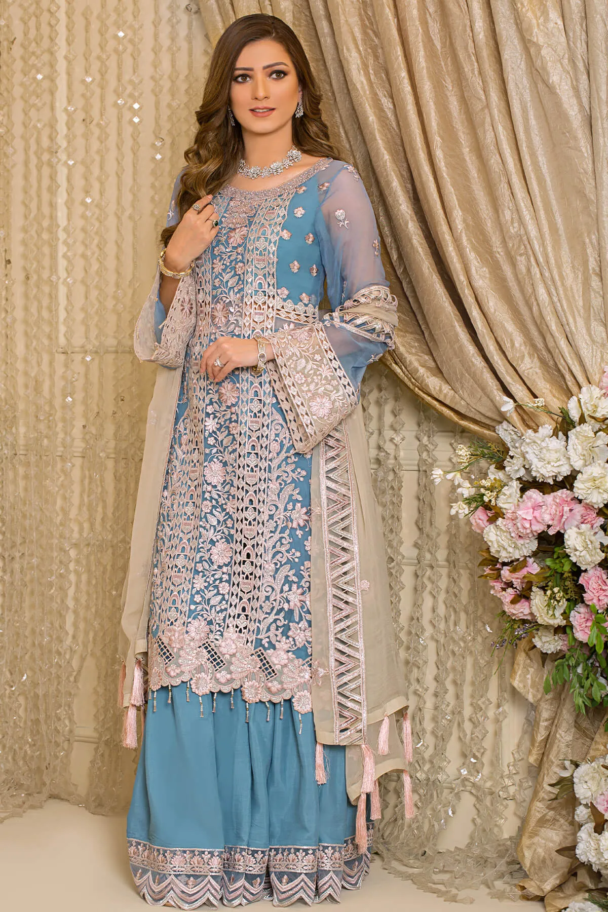 Elegant Sky Blue Heavily Embellished Pakistani Salwar Kameez Dupatta