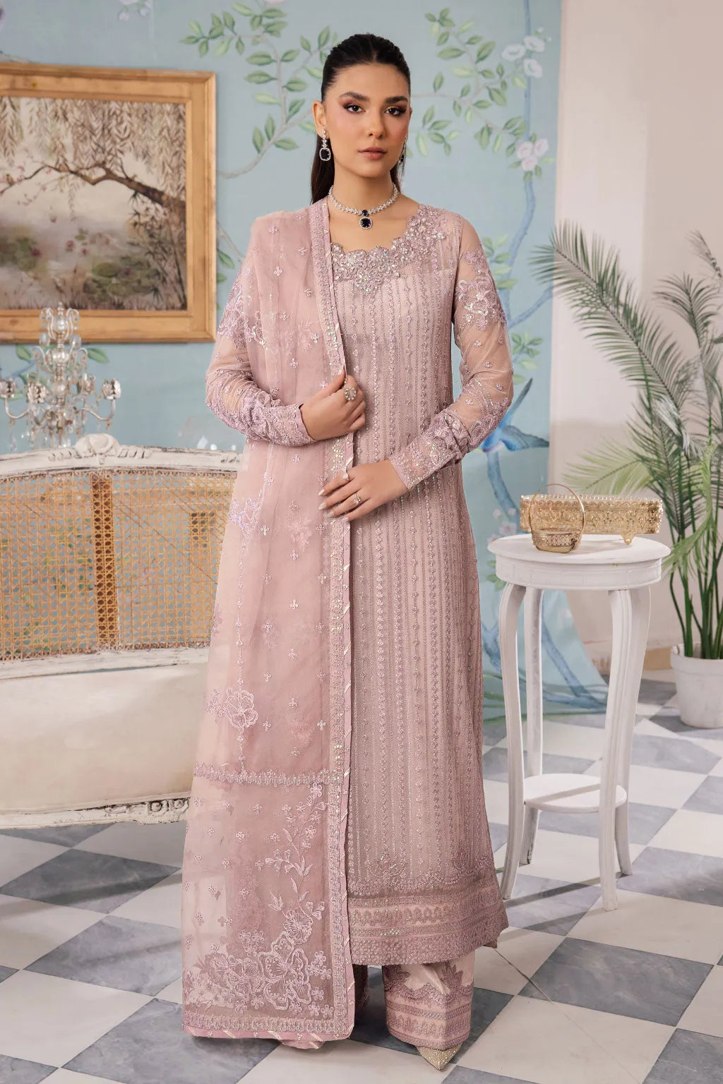 Elegant Tea Pink Embroidered Pakistani Salwar Kameez Dupatta Suit