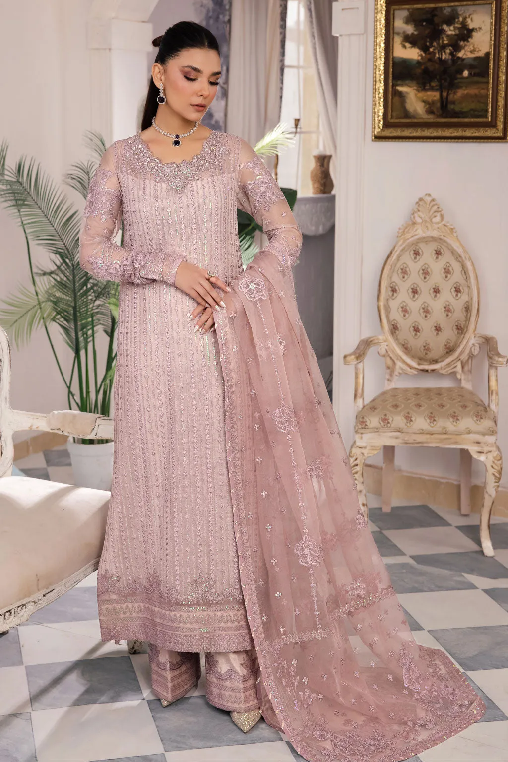 Elegant Tea Pink Embroidered Pakistani Salwar Kameez Dupatta Suit