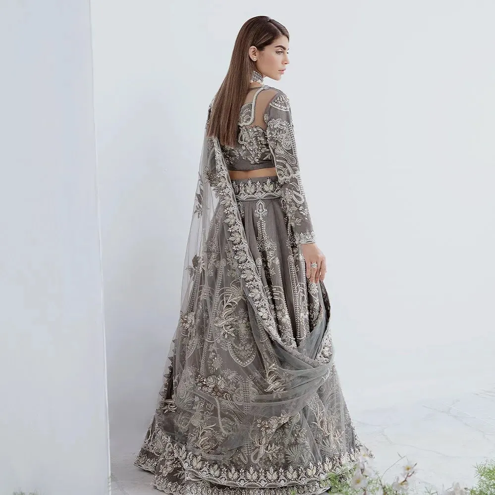 Embellished Grey Bridal Lehenga Choli and Dupatta Dress