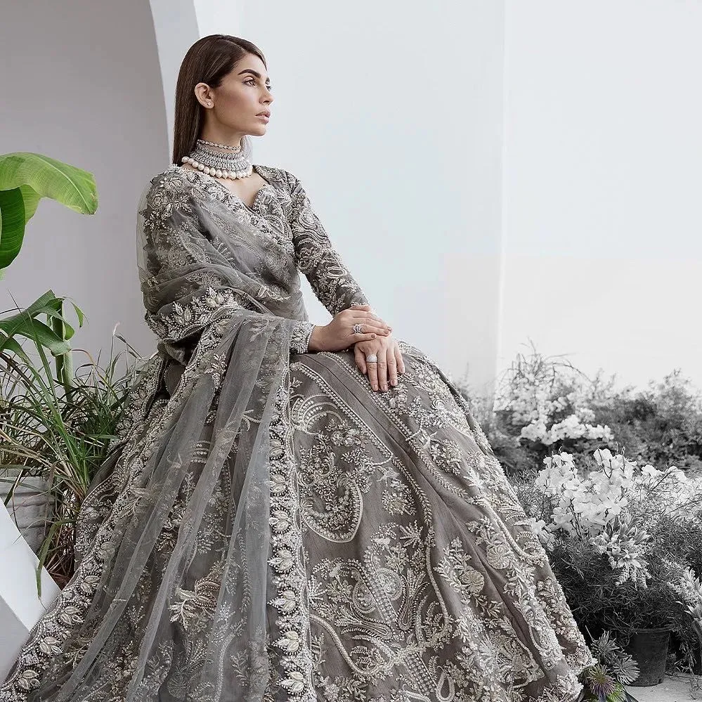Embellished Grey Bridal Lehenga Choli and Dupatta Dress