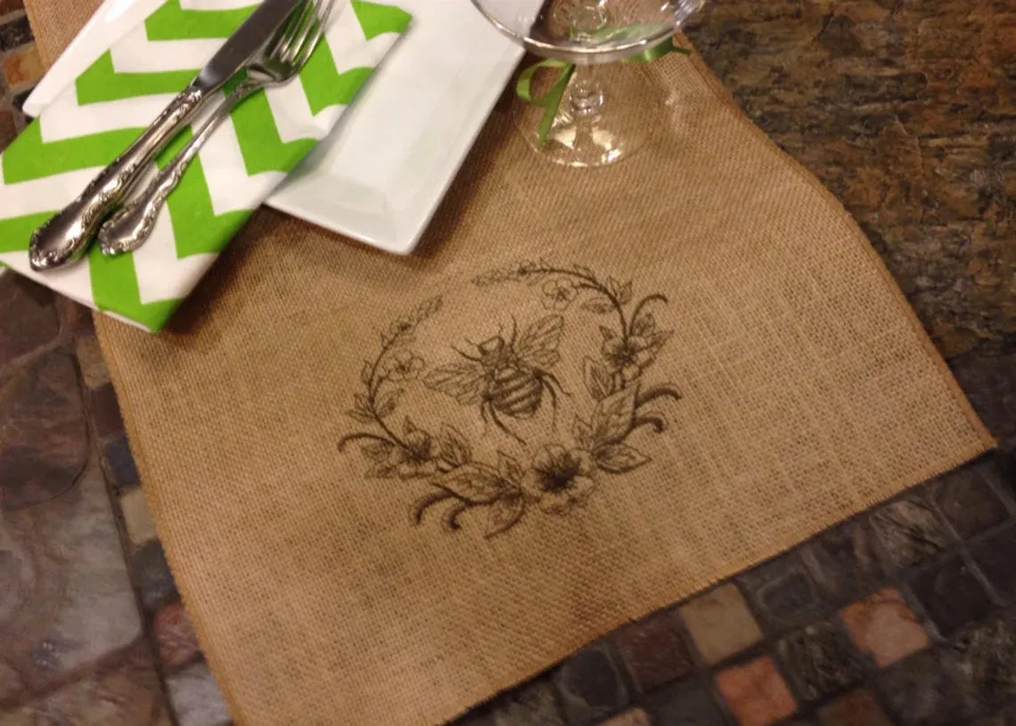 Embroidered Bumble Bee Wreath - Embroidered - Burlap Table Runner - Spring Bumble Bee Nature