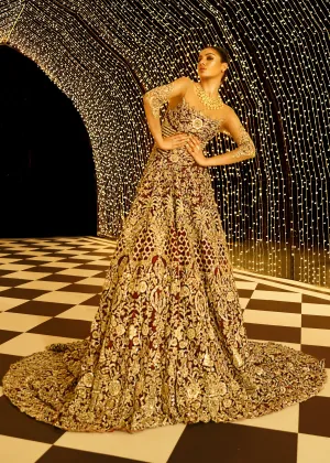 Embroidered gown dress in maroon color with dull gold work # B3374