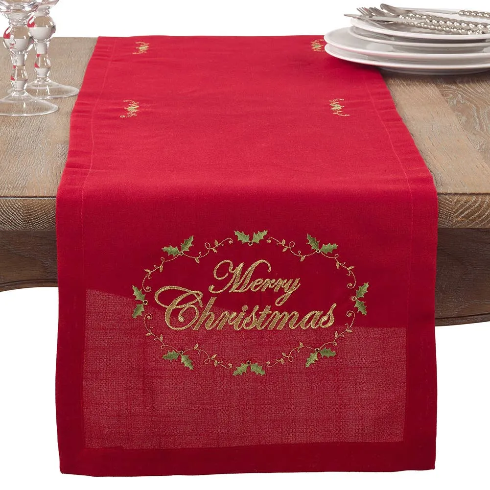 Embroidered Merry Christmas Red Table Runner 14" x 72"