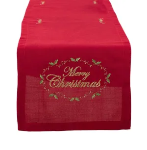Embroidered Merry Christmas Red Table Runner 14" x 72"