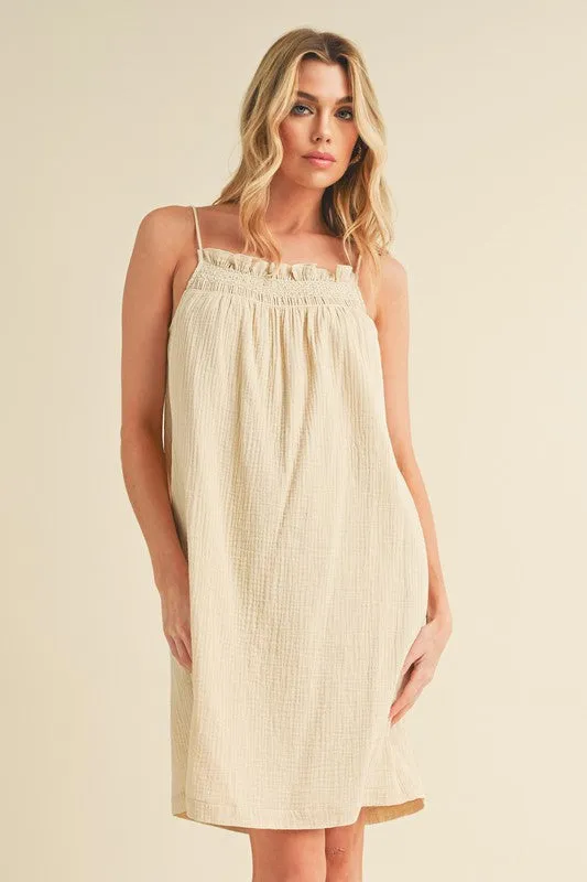 Embroidered Trim Gauze Square Neck Mini Cami Dress