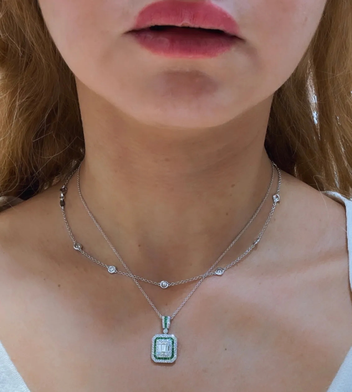 Emerald & Emerald Cut Diamond Pendant Necklace