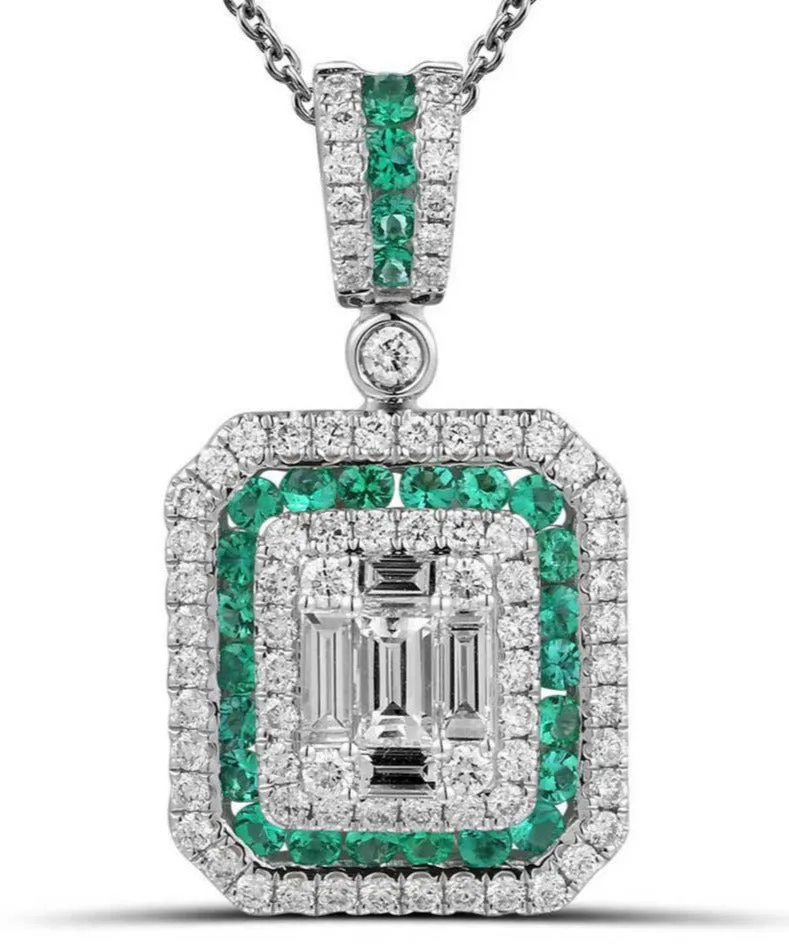 Emerald & Emerald Cut Diamond Pendant Necklace