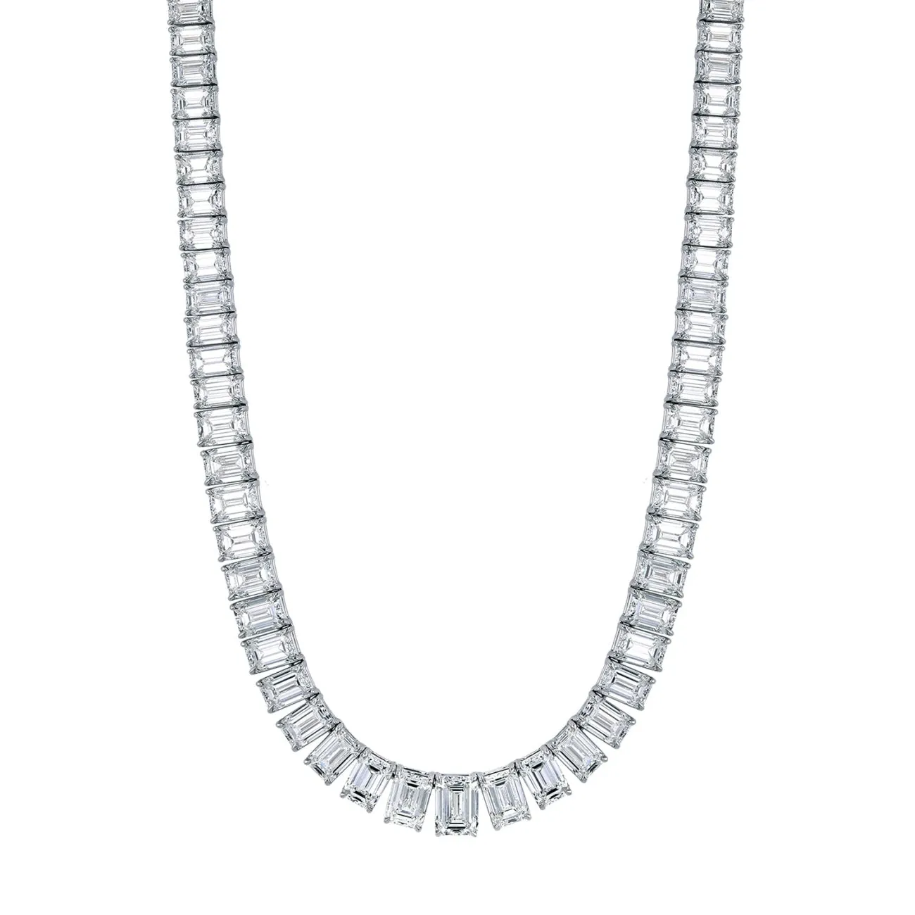 Emerald Cut Platinum 38.02ct Graduated Diamond Tennis Necklace