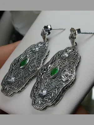 Emerald Earrings & Pendant Set, Vintage Revival Jewelry, Chainmail #S61