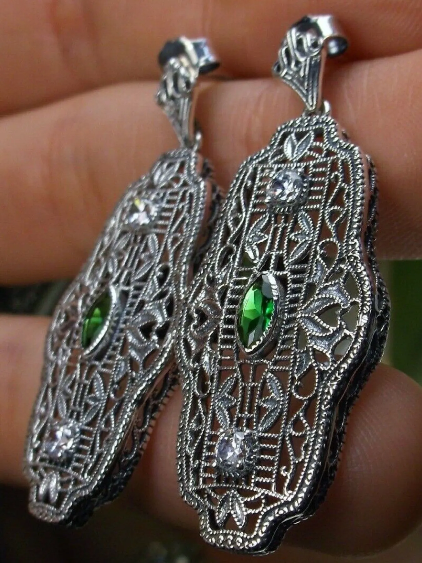 Emerald Earrings & Pendant Set, Vintage Revival Jewelry, Chainmail #S61