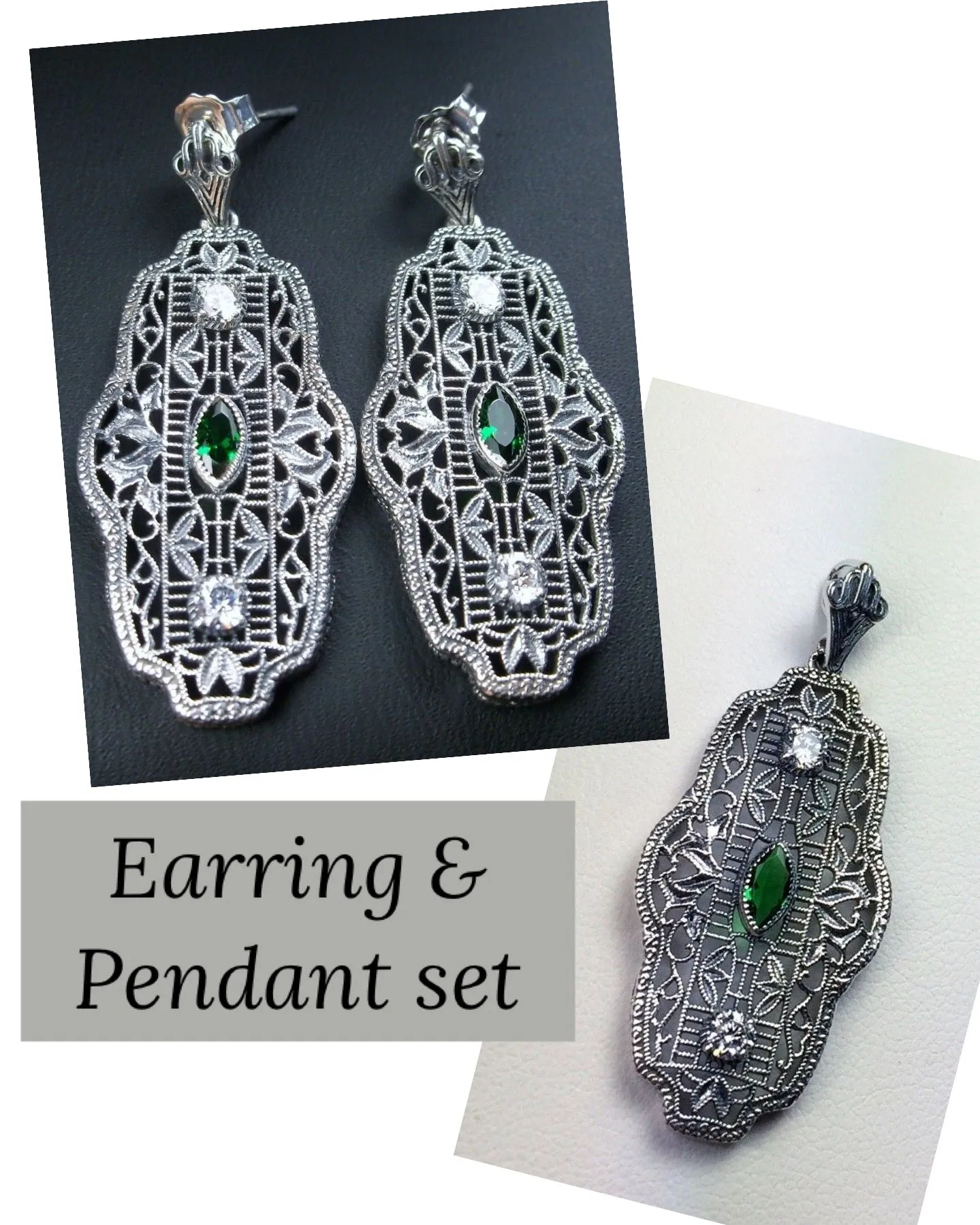 Emerald Earrings & Pendant Set, Vintage Revival Jewelry, Chainmail #S61