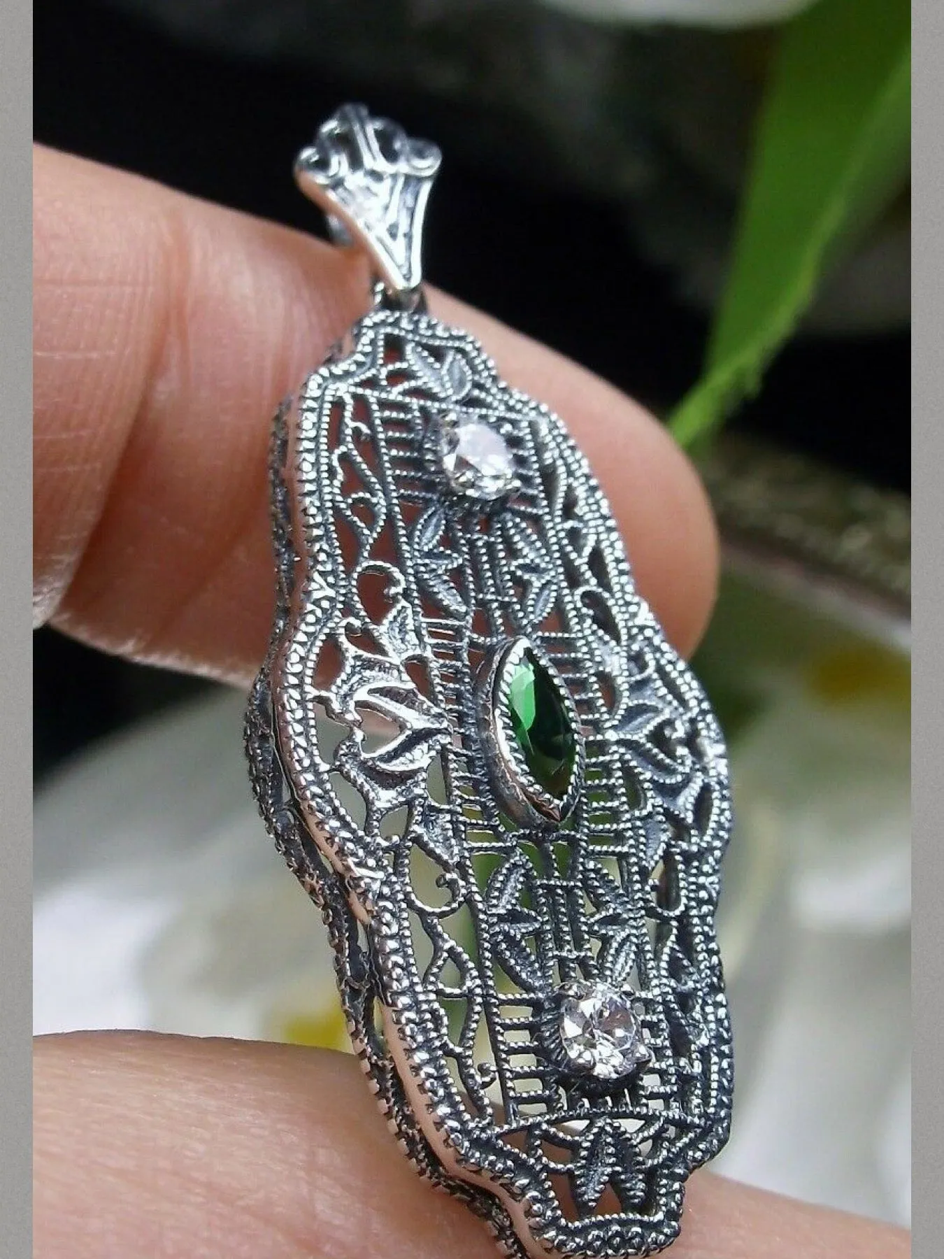 Emerald Earrings & Pendant Set, Vintage Revival Jewelry, Chainmail #S61