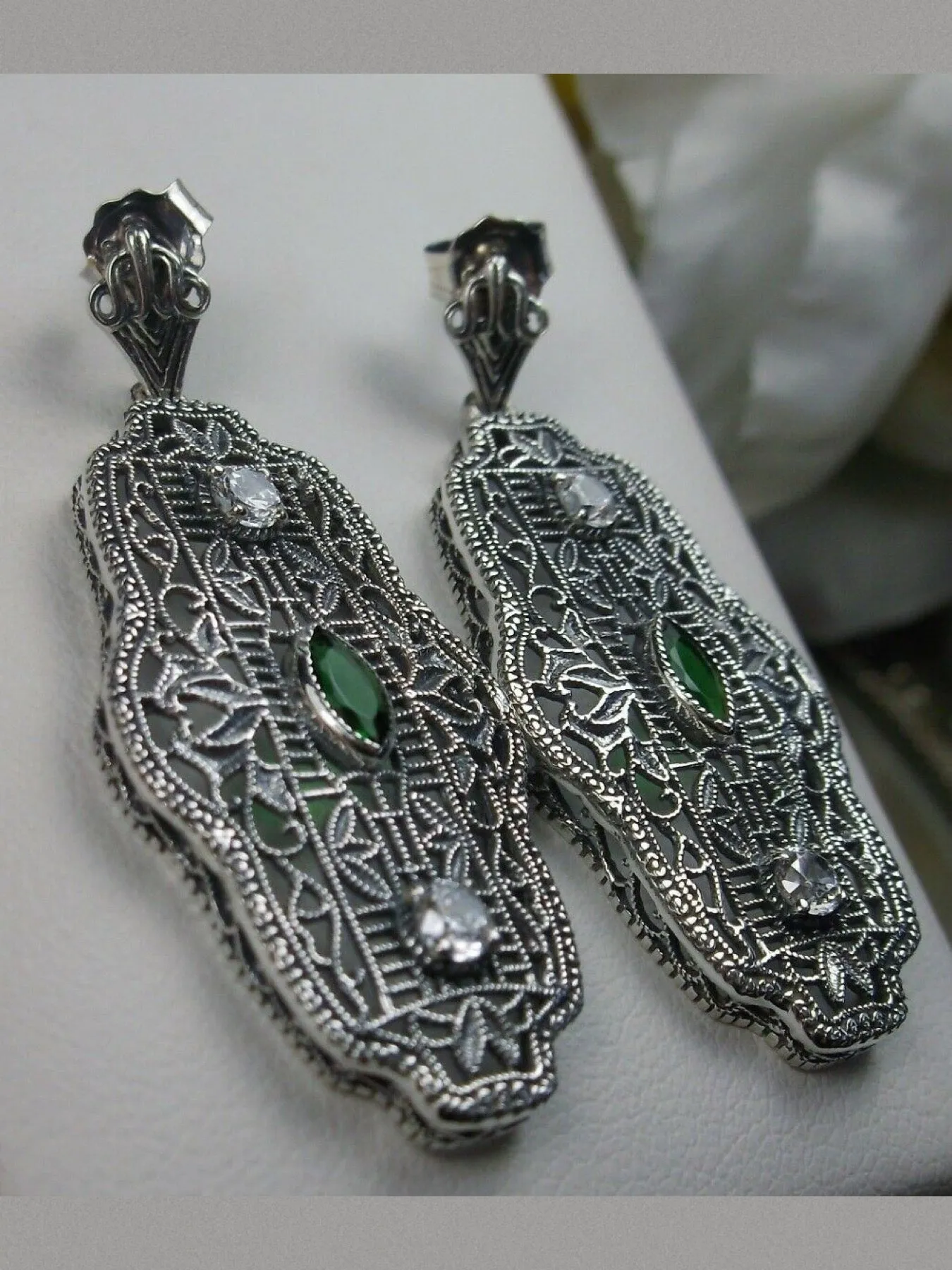 Emerald Earrings & Pendant Set, Vintage Revival Jewelry, Chainmail #S61