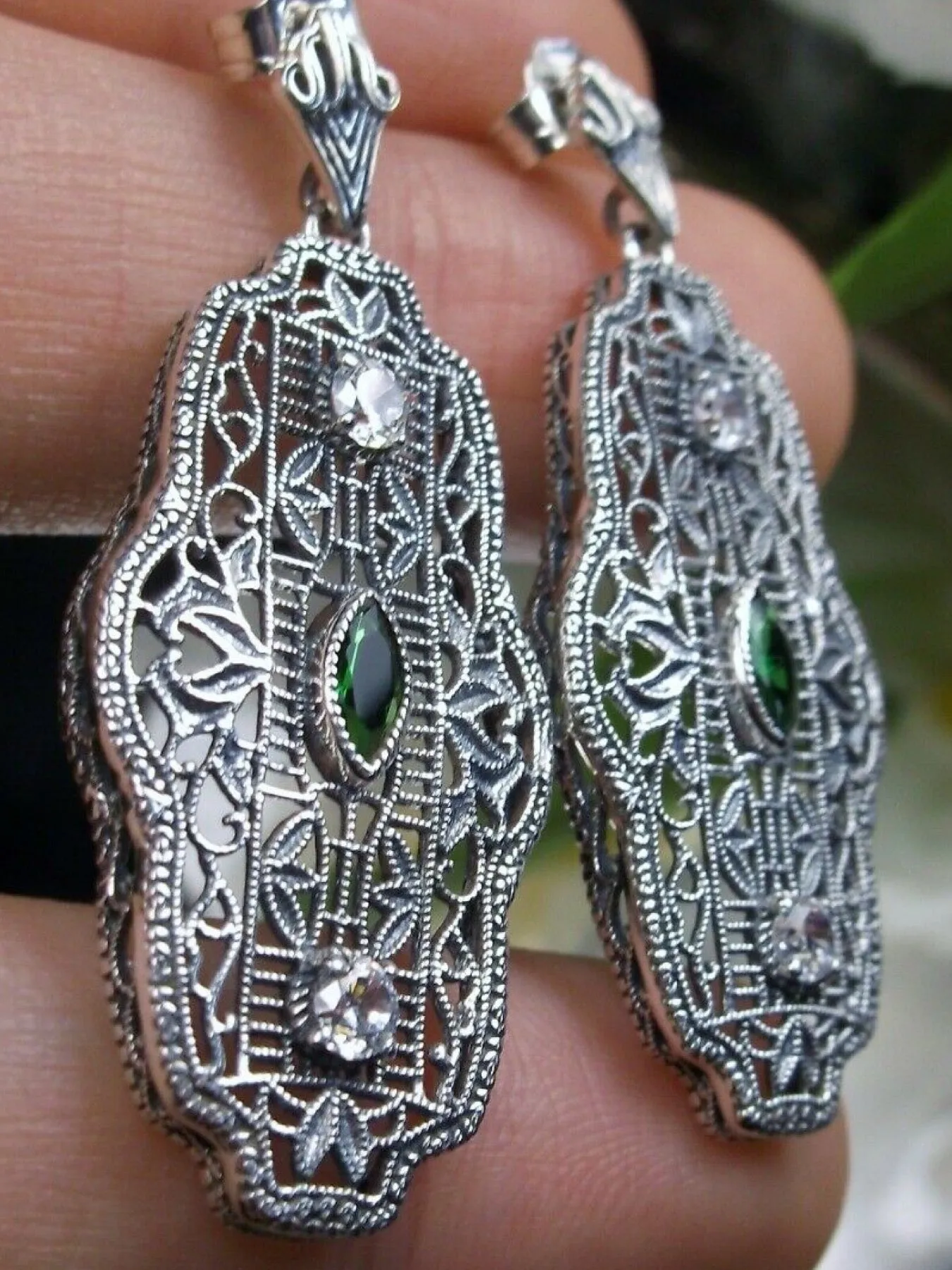 Emerald Earrings & Pendant Set, Vintage Revival Jewelry, Chainmail #S61