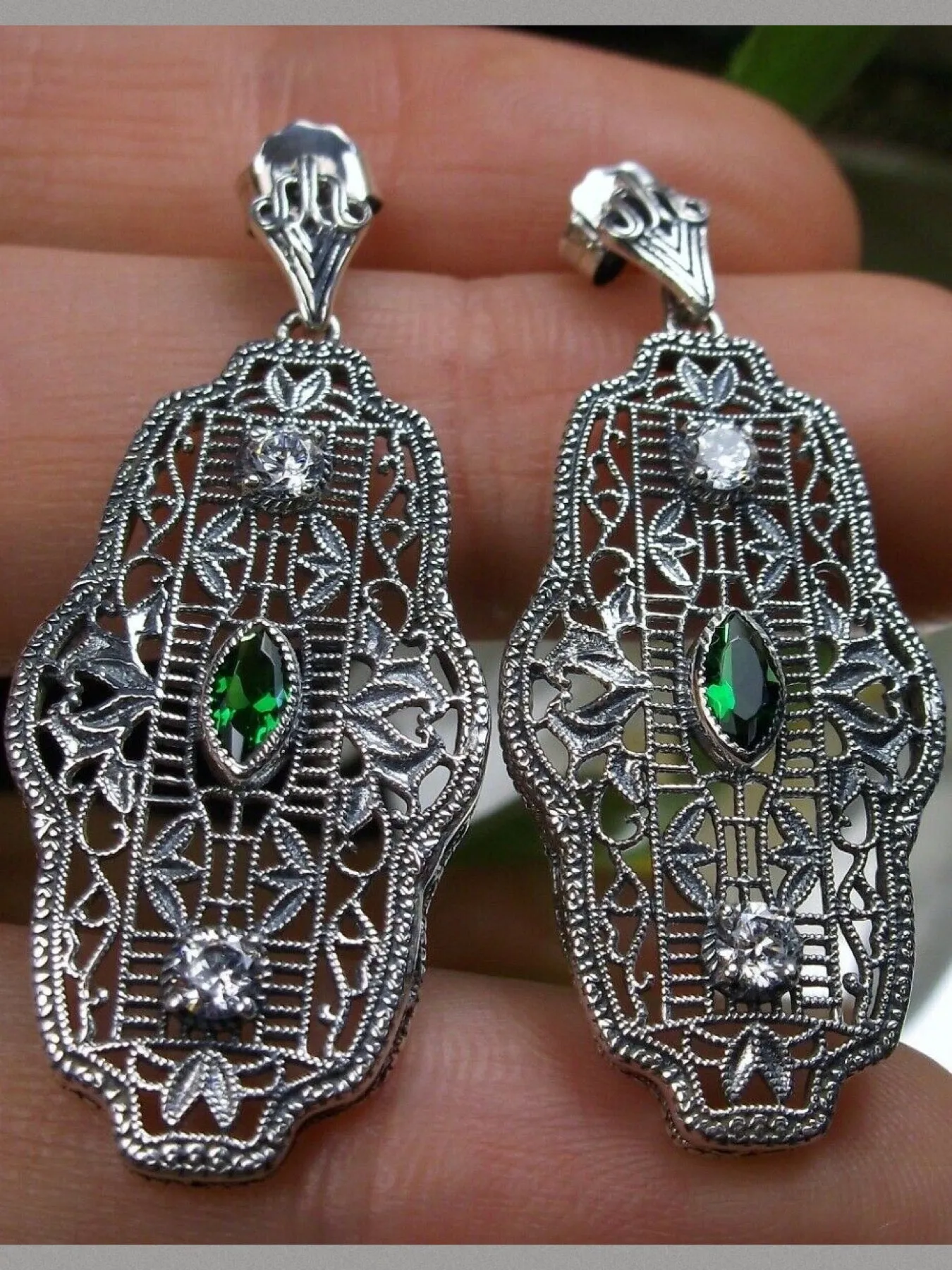 Emerald Earrings & Pendant Set, Vintage Revival Jewelry, Chainmail #S61
