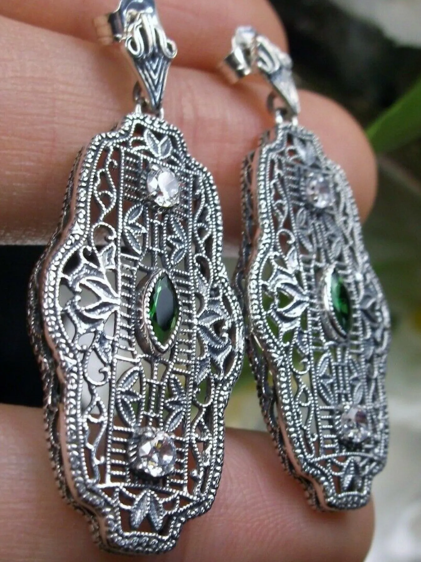 Emerald Earrings & Pendant Set, Vintage Revival Jewelry, Chainmail #S61