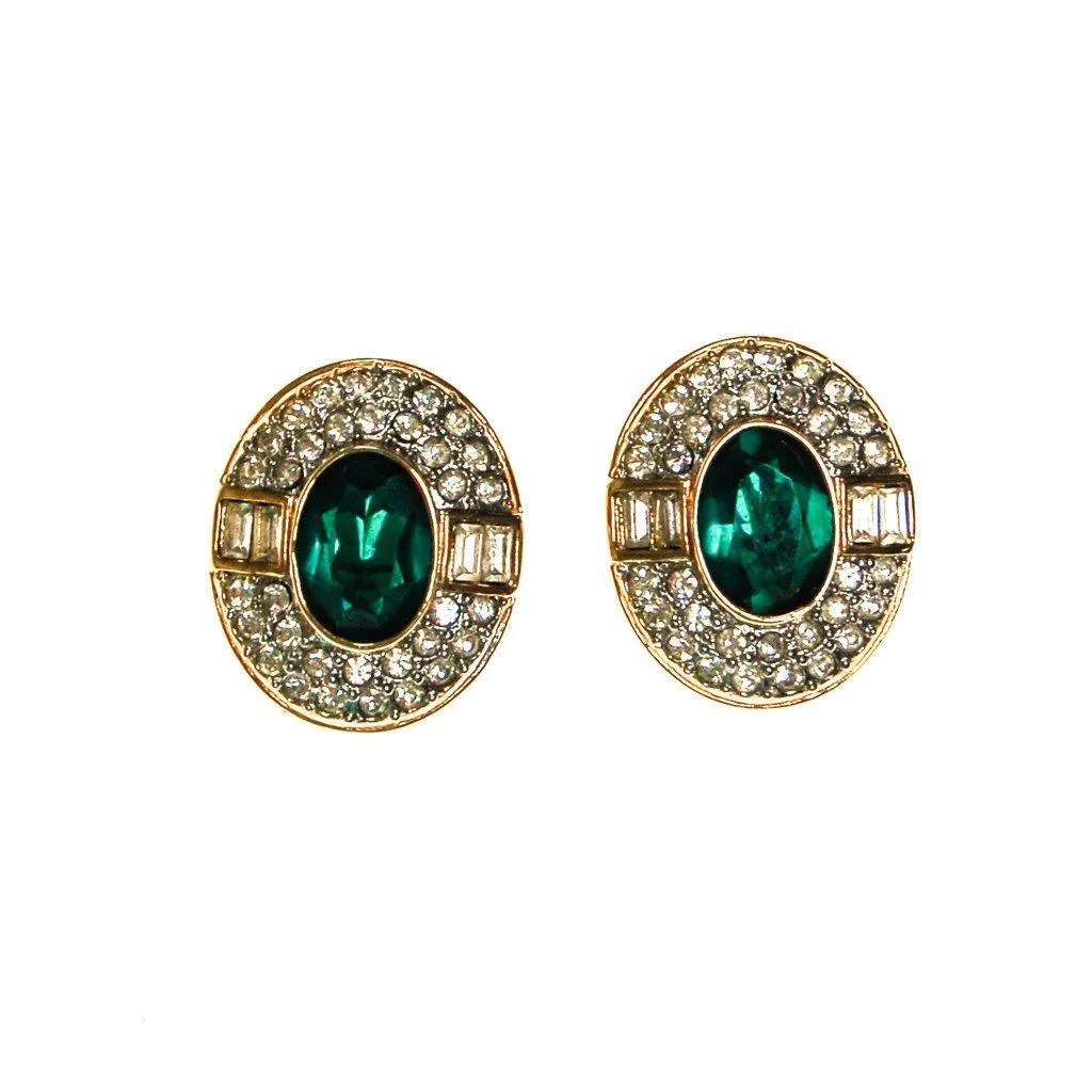 Emerald Green and Diamante Rhinestone Statement Earrings