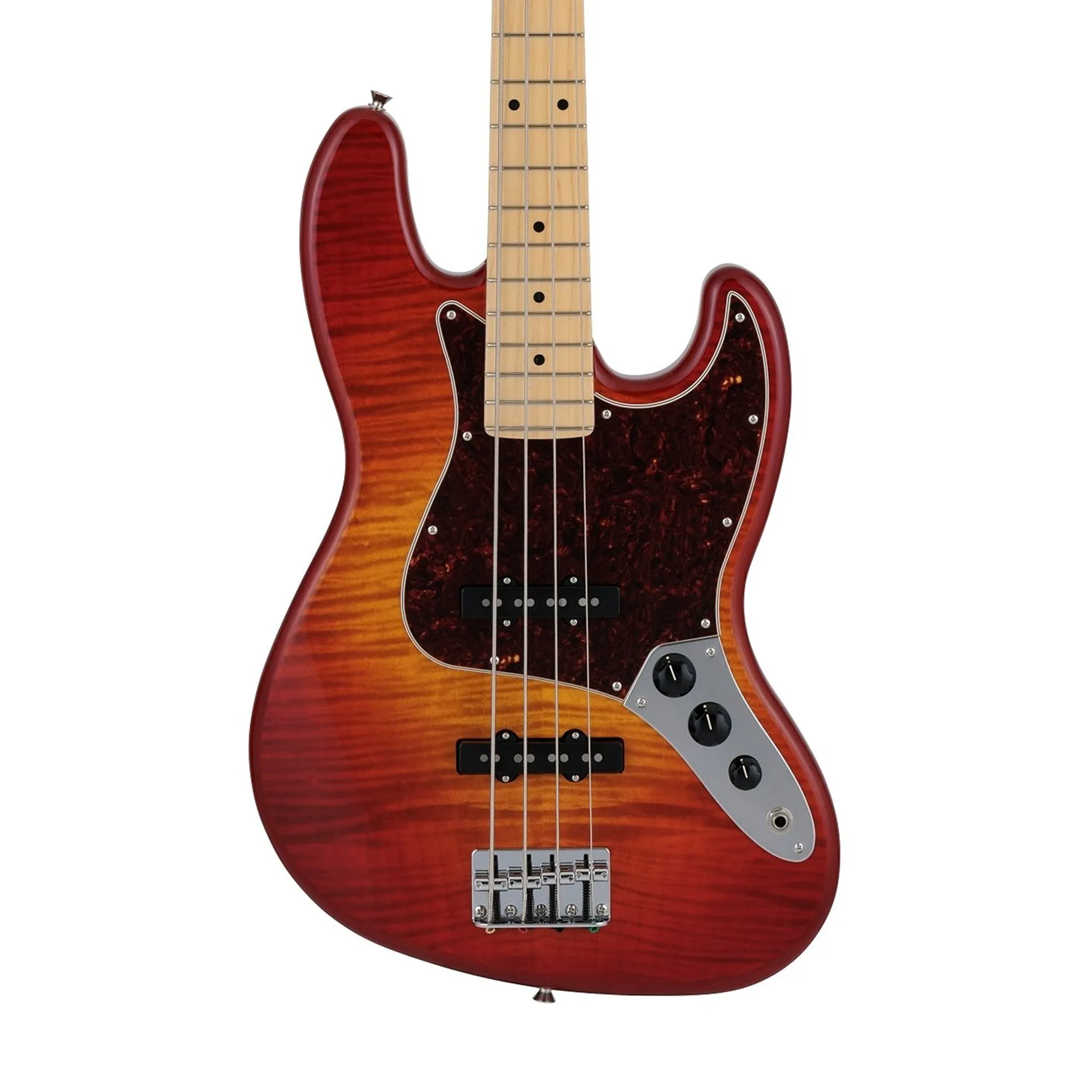 Fender Japan Hybrid II Jazz Bass Guitar, Maple FB, Flame Sunset Orange Transparent