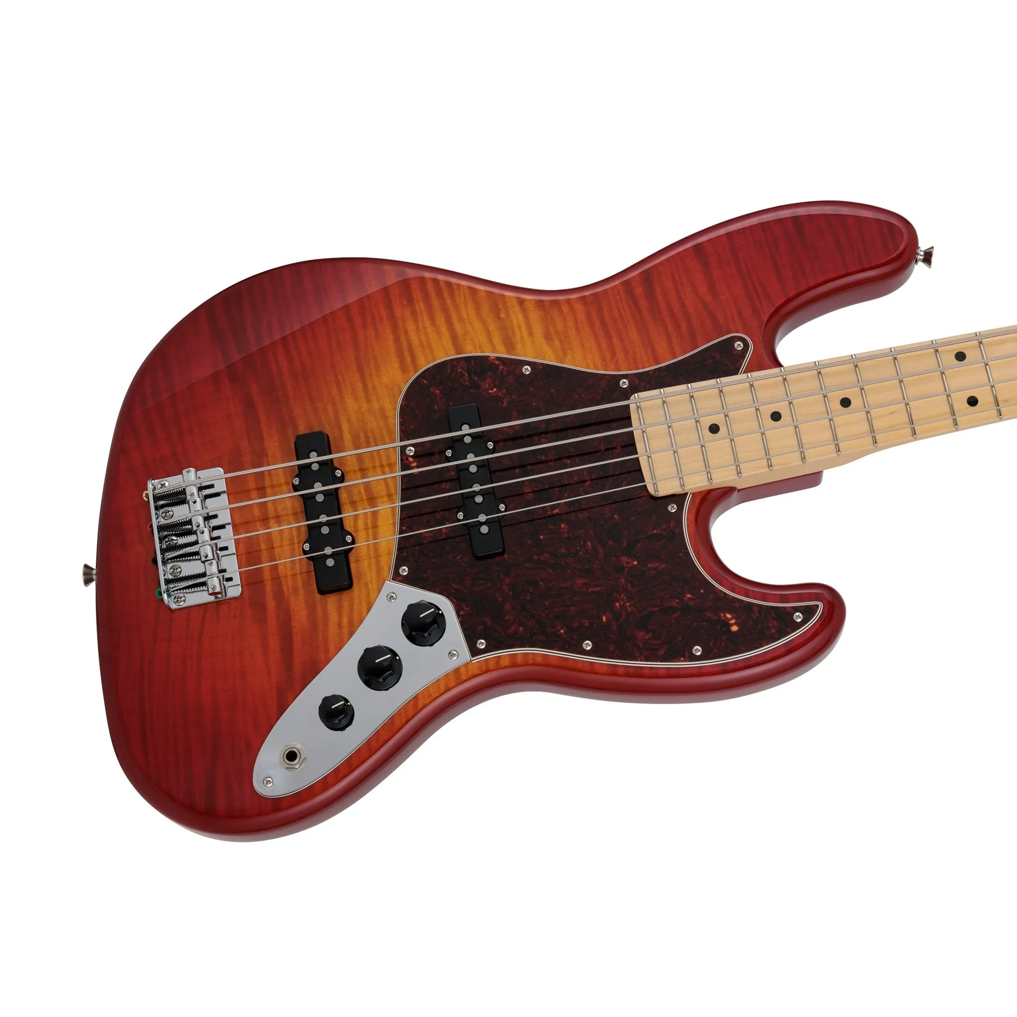 Fender Japan Hybrid II Jazz Bass Guitar, Maple FB, Flame Sunset Orange Transparent