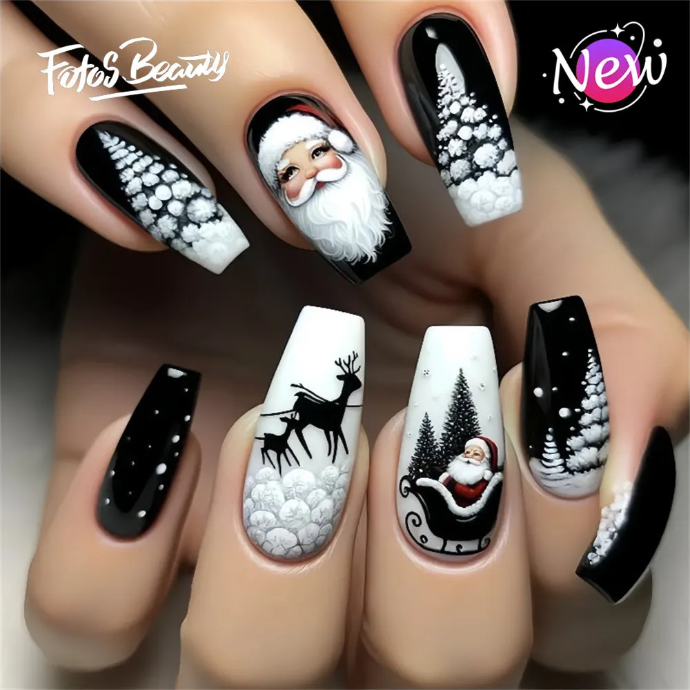Fofosbeauty 24pcs Press on Nails, Fake Nails, Full Cover Acrylic Nails for Girls Women Kids, Coffin Christmas Black Santa Claus Snowflake Elk