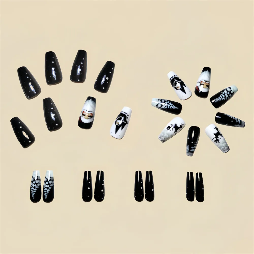 Fofosbeauty 24pcs Press on Nails, Fake Nails, Full Cover Acrylic Nails for Girls Women Kids, Coffin Christmas Black Santa Claus Snowflake Elk