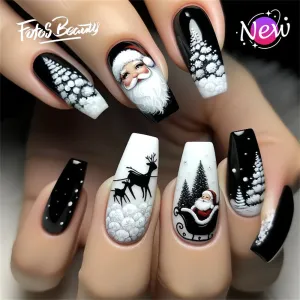 Fofosbeauty 24pcs Press on Nails, Fake Nails, Full Cover Acrylic Nails for Girls Women Kids, Coffin Christmas Black Santa Claus Snowflake Elk