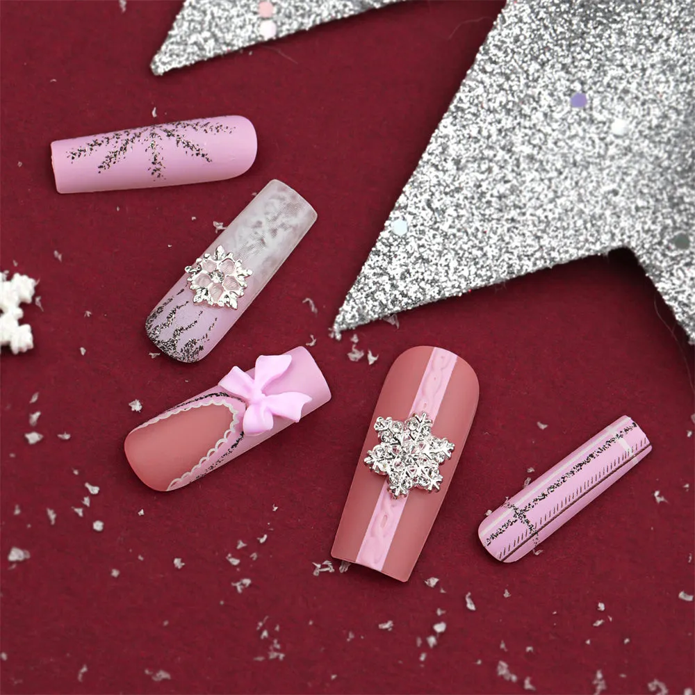 Fofosbeauty 24pcs Press on Nails, Fake Nails, Full Cover Acrylic Nails for Girls Women Kids, Coffin Christmas Snowflake Sweet 3D Bow Pink