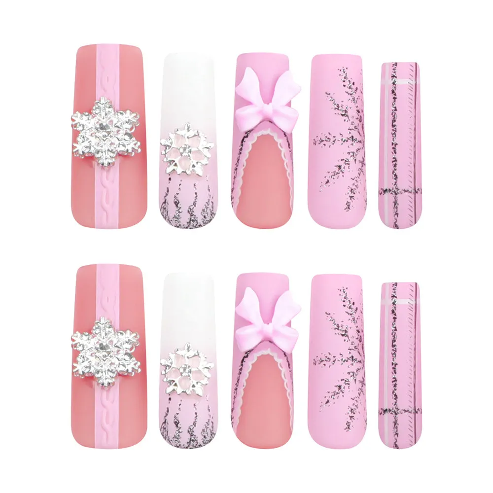Fofosbeauty 24pcs Press on Nails, Fake Nails, Full Cover Acrylic Nails for Girls Women Kids, Coffin Christmas Snowflake Sweet 3D Bow Pink