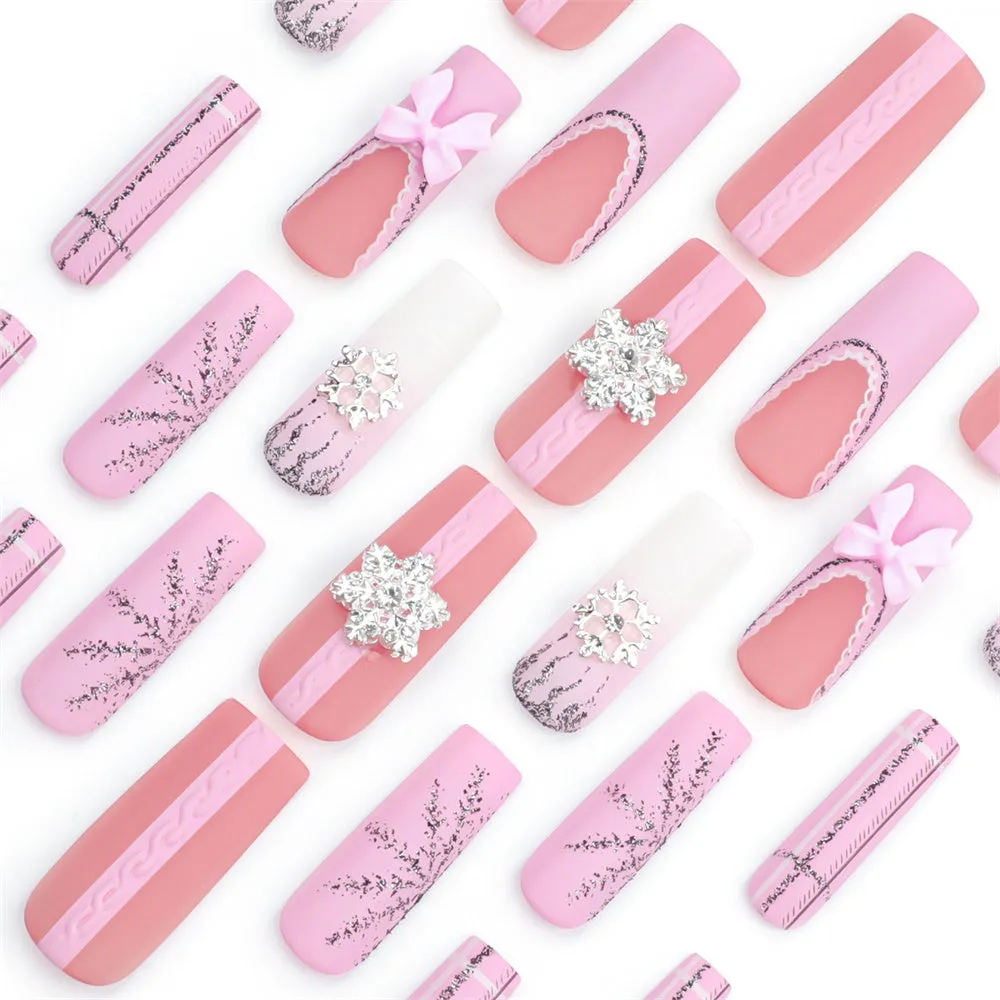 Fofosbeauty 24pcs Press on Nails, Fake Nails, Full Cover Acrylic Nails for Girls Women Kids, Coffin Christmas Snowflake Sweet 3D Bow Pink