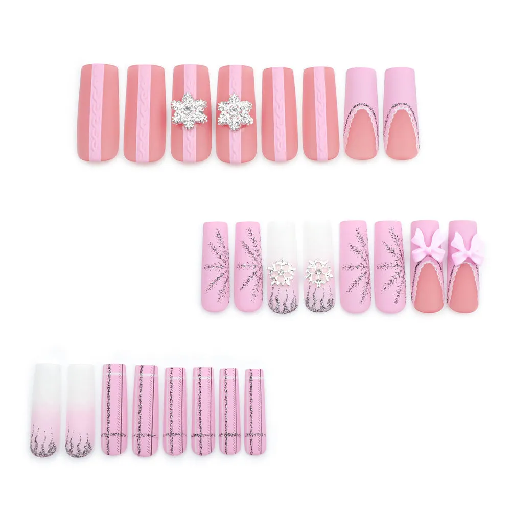 Fofosbeauty 24pcs Press on Nails, Fake Nails, Full Cover Acrylic Nails for Girls Women Kids, Coffin Christmas Snowflake Sweet 3D Bow Pink