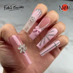 Fofosbeauty 24pcs Press on Nails, Fake Nails, Full Cover Acrylic Nails for Girls Women Kids, Coffin Christmas Snowflake Sweet 3D Bow Pink
