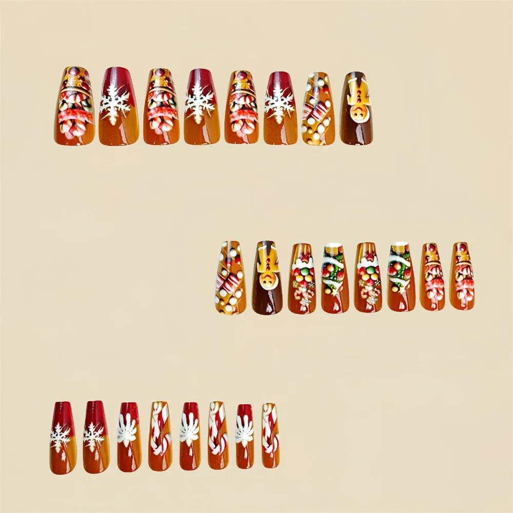 Fofosbeauty 24pcs Press on Nails, Fake Nails, Full Cover Acrylic Nails for Girls Women Kids, Coffin Christmas Tree Cookies Snowflake Red Brown