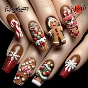 Fofosbeauty 24pcs Press on Nails, Fake Nails, Full Cover Acrylic Nails for Girls Women Kids, Coffin Christmas Tree Cookies Snowflake Red Brown